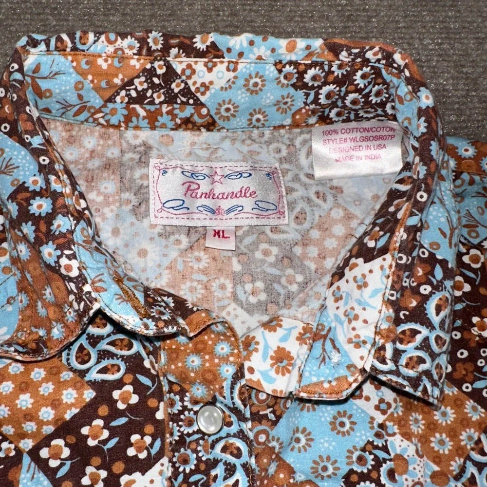 Panhandle Slim Womens XL Patchwork Floral Paisley Western Pearl Snap Shirt Blue